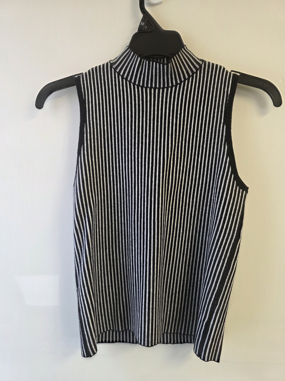 MARBLE Black & White Vertical Stripe Sleeveless Mock Neck Tank